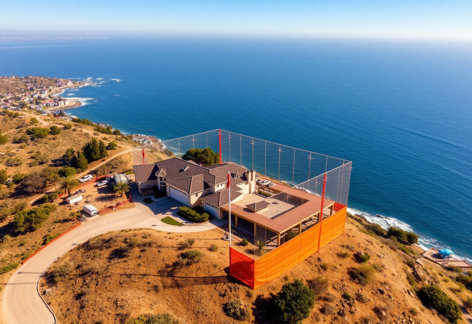Aerial view of a Southern California hillside property with installed story poles overlooking the Pacific coastline