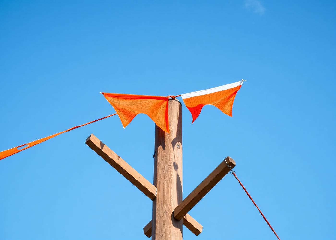 Bright orange construction safety mesh and pennant flags strung along the top of a wooden story pole